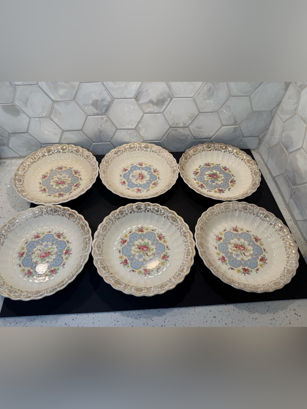Set of 6 Limoges Lyric 8" Fruit Dessert Soup Bowls 1K-S 384-X WARRANTED 22K GOLD
